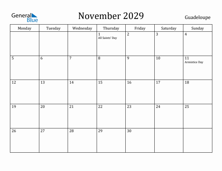 November 2029 Calendar Guadeloupe