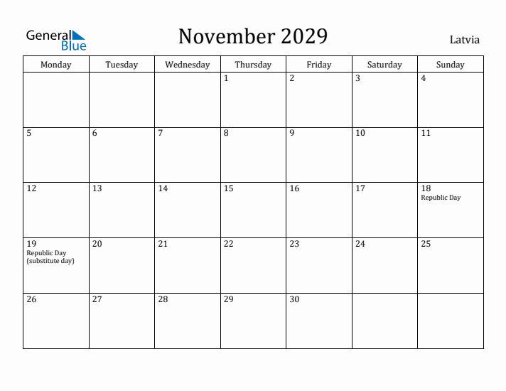 November 2029 Calendar Latvia