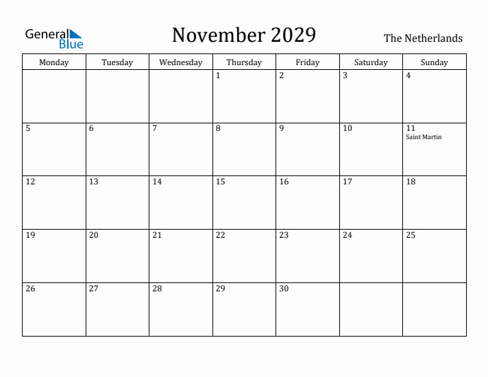 November 2029 Calendar The Netherlands