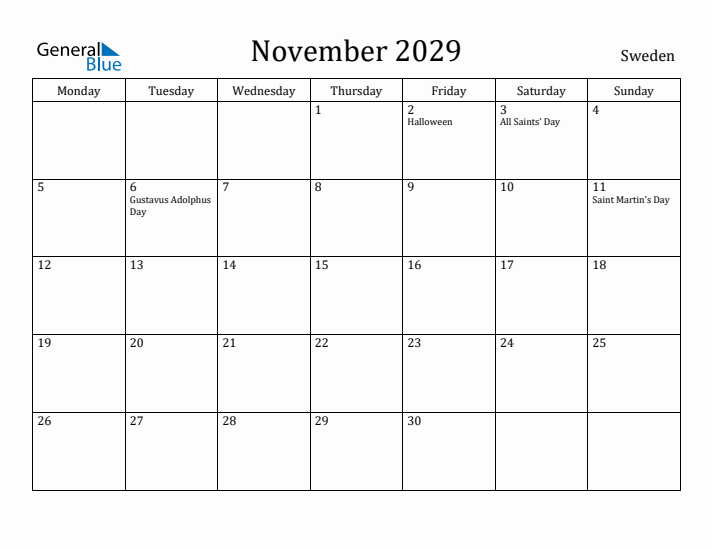 November 2029 Calendar Sweden