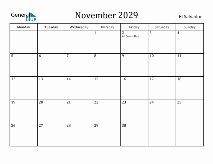 November 2029 Calendar El Salvador