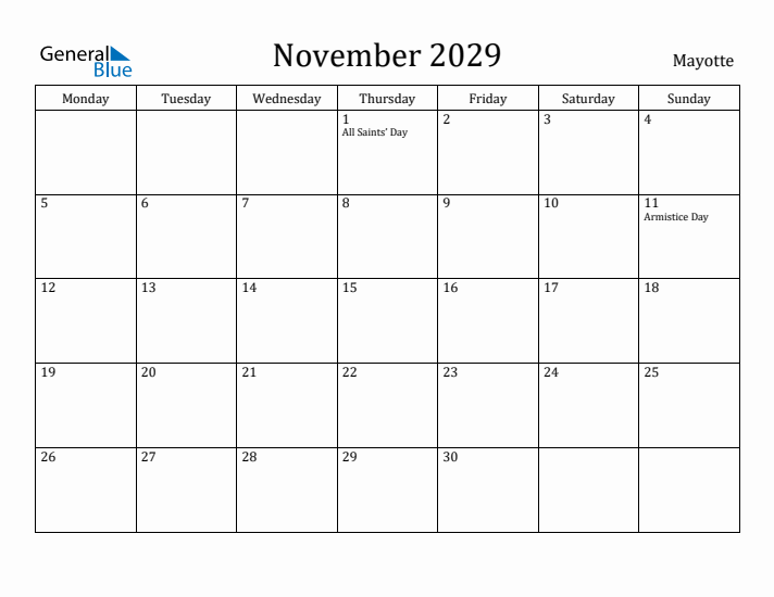 November 2029 Calendar Mayotte