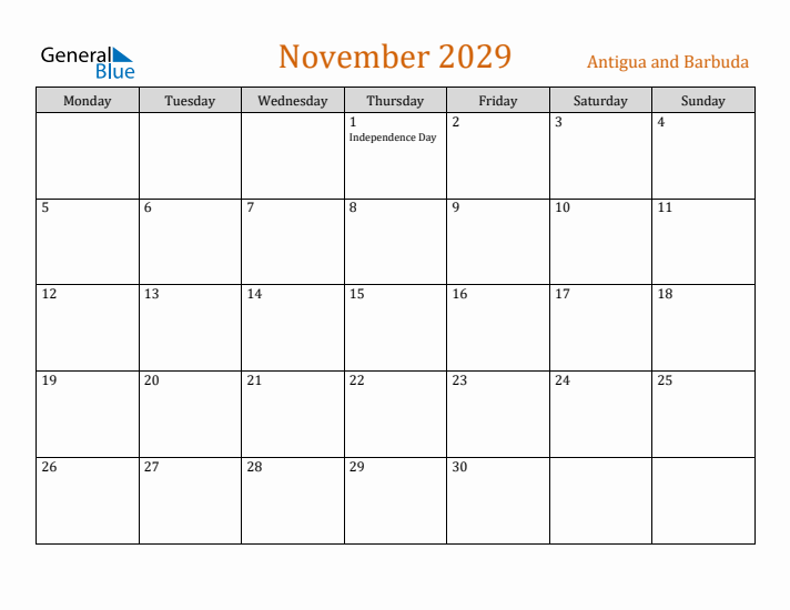 November 2029 Holiday Calendar with Monday Start