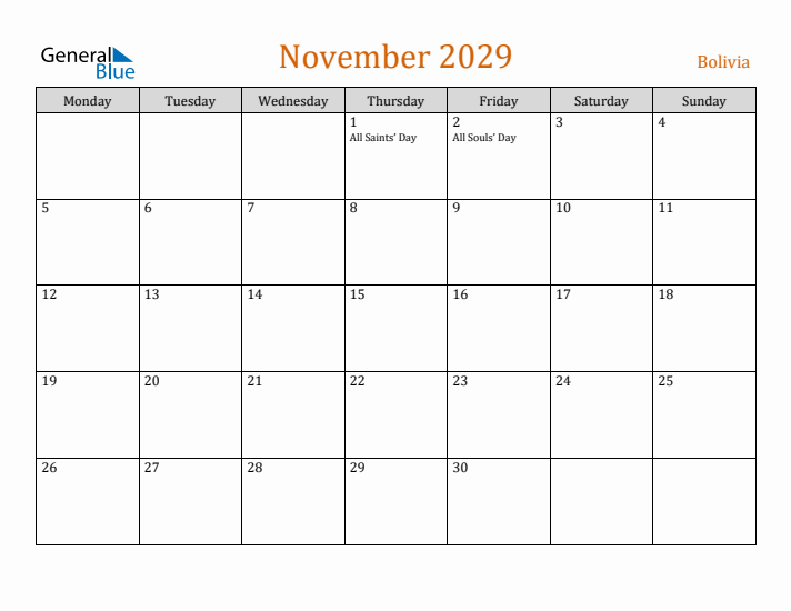 November 2029 Holiday Calendar with Monday Start