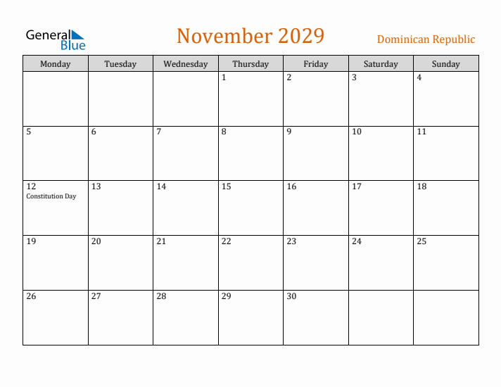 November 2029 Holiday Calendar with Monday Start