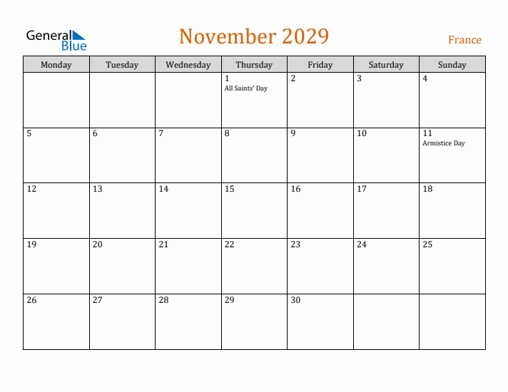 November 2029 Holiday Calendar with Monday Start