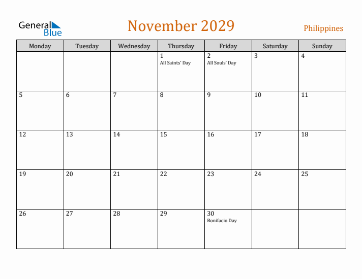 November 2029 Holiday Calendar with Monday Start