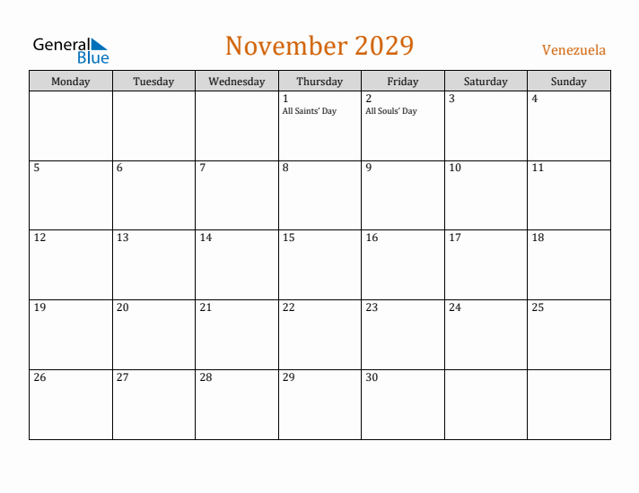 November 2029 Holiday Calendar with Monday Start