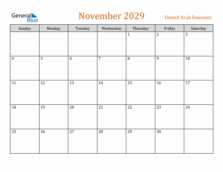 November 2029 Holiday Calendar with Sunday Start