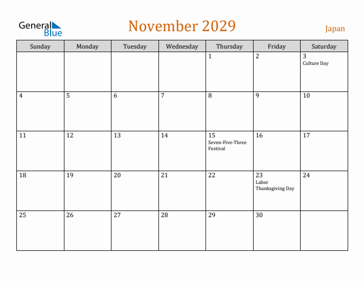 November 2029 Holiday Calendar with Sunday Start