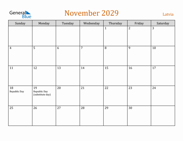 November 2029 Holiday Calendar with Sunday Start