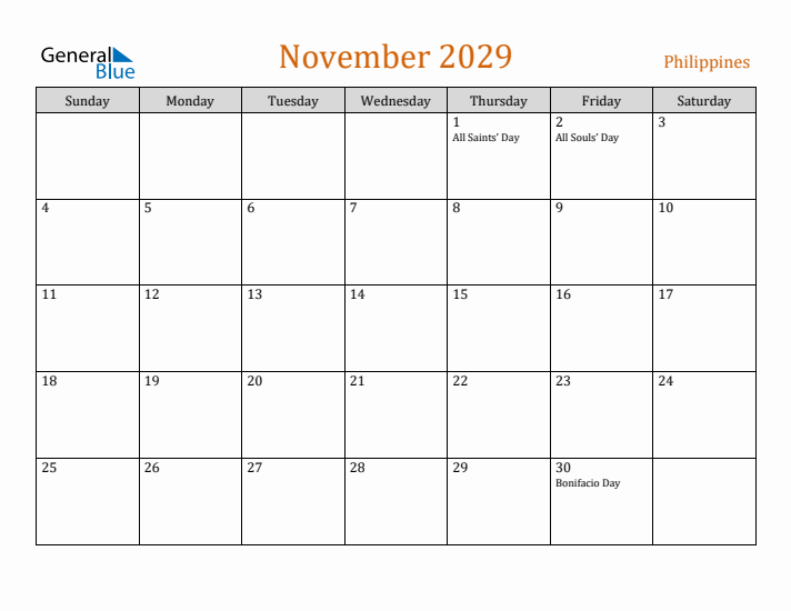 November 2029 Holiday Calendar with Sunday Start