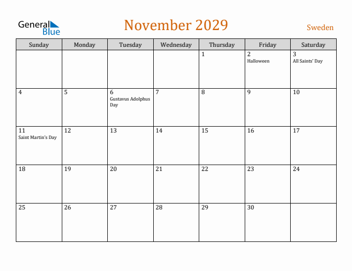 November 2029 Holiday Calendar with Sunday Start