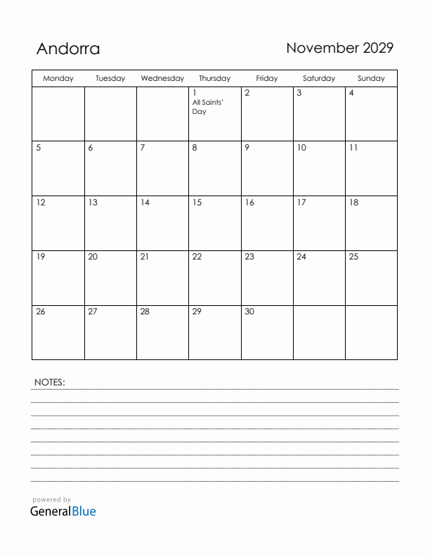 November 2029 Andorra Calendar with Holidays (Monday Start)