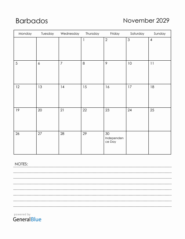 November 2029 Barbados Calendar with Holidays (Monday Start)