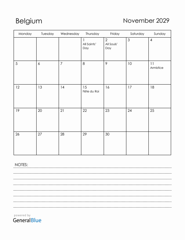 November 2029 Belgium Calendar with Holidays (Monday Start)
