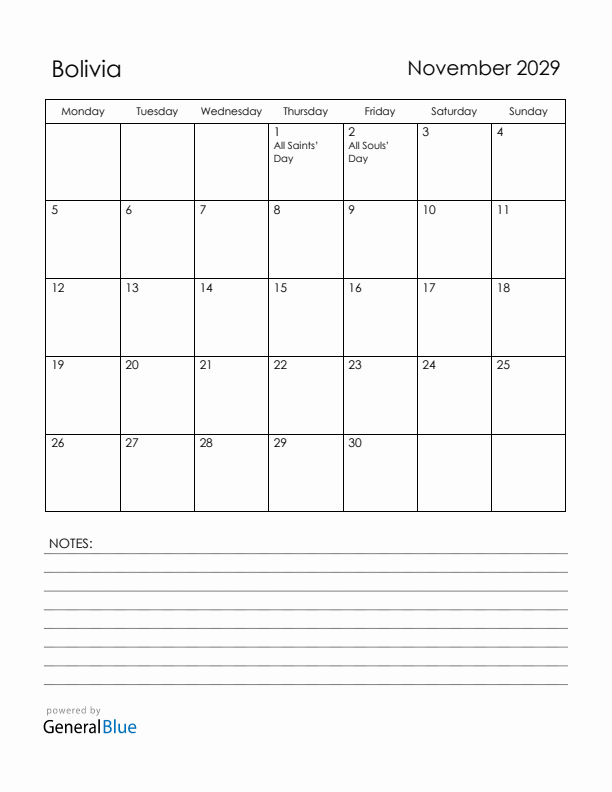 November 2029 Bolivia Calendar with Holidays (Monday Start)