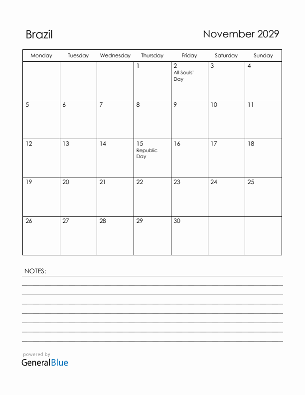 November 2029 Brazil Calendar with Holidays (Monday Start)