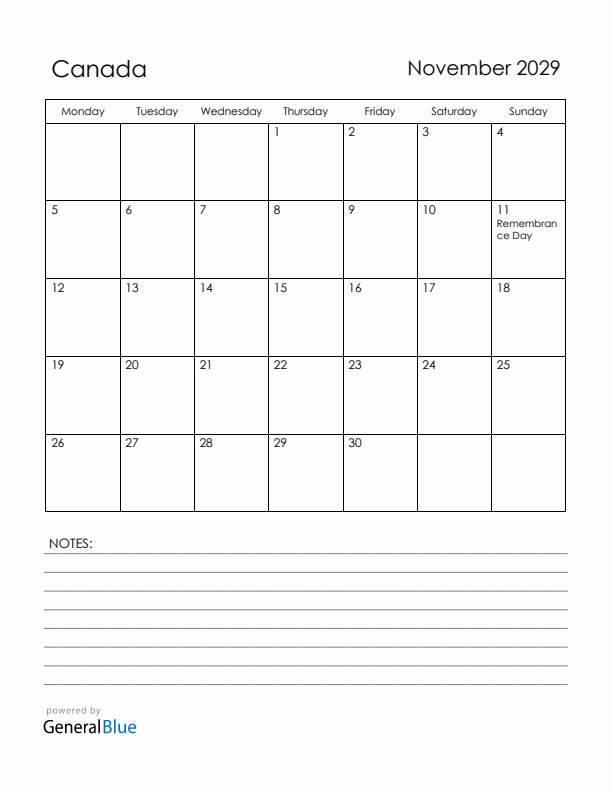 November 2029 Canada Calendar with Holidays (Monday Start)