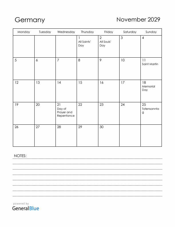 November 2029 Germany Calendar with Holidays (Monday Start)