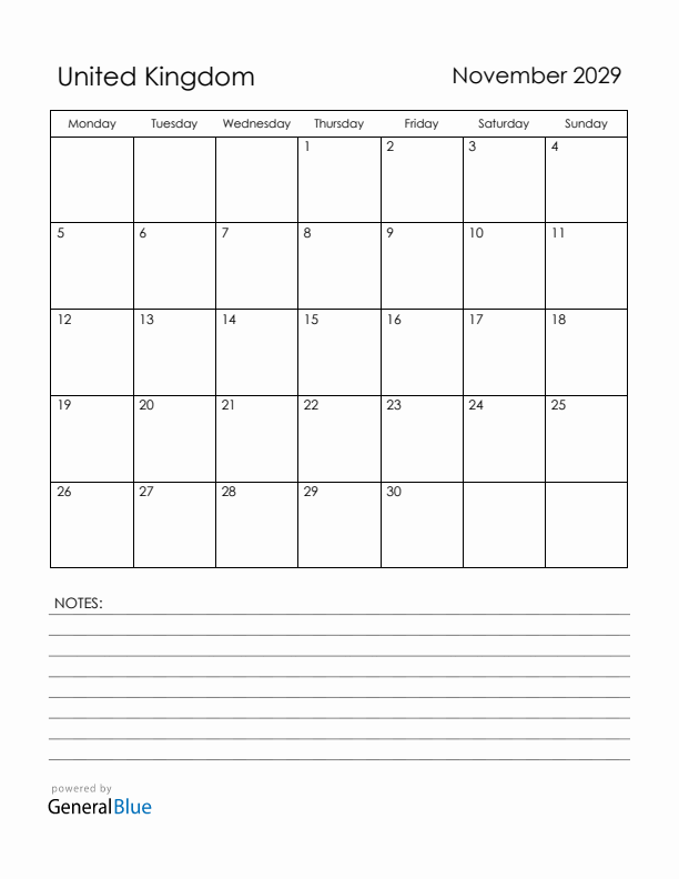 November 2029 United Kingdom Calendar with Holidays (Monday Start)