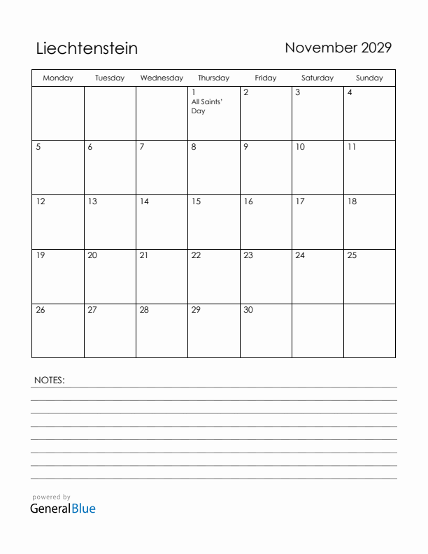 November 2029 Liechtenstein Calendar with Holidays (Monday Start)