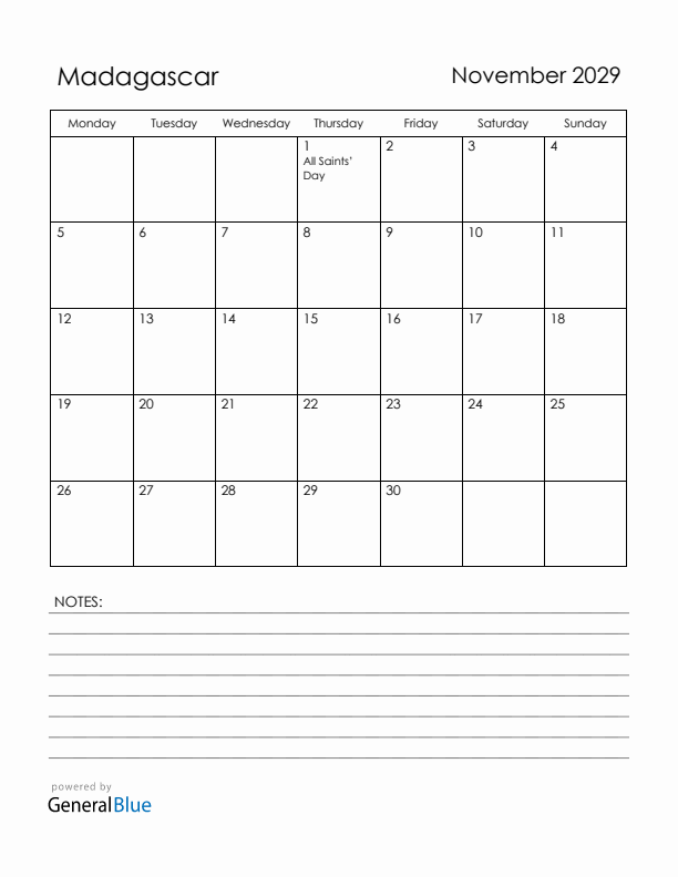 November 2029 Madagascar Calendar with Holidays (Monday Start)