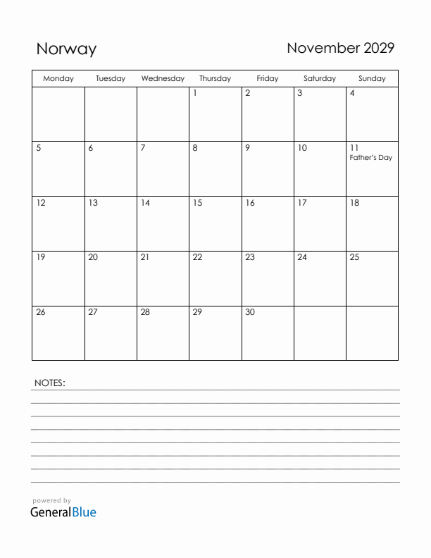 November 2029 Norway Calendar with Holidays (Monday Start)