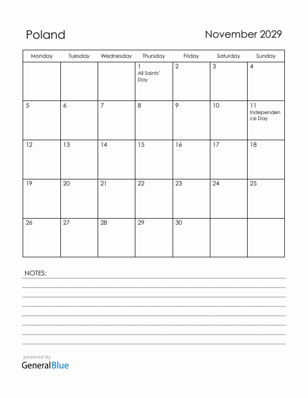 November 2029 Poland Calendar with Holidays (Monday Start)