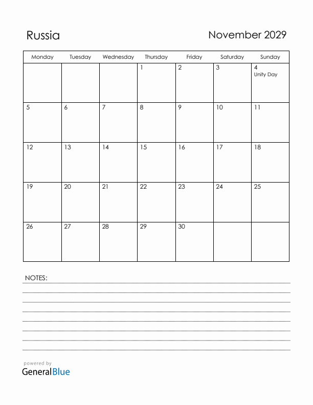 November 2029 Russia Calendar with Holidays (Monday Start)