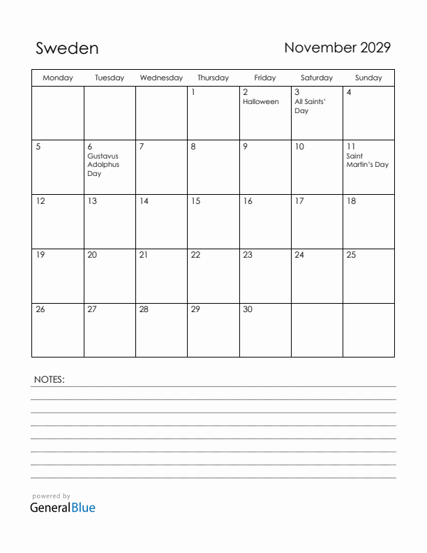 November 2029 Sweden Calendar with Holidays (Monday Start)