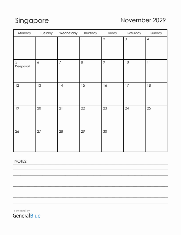 November 2029 Singapore Calendar with Holidays (Monday Start)