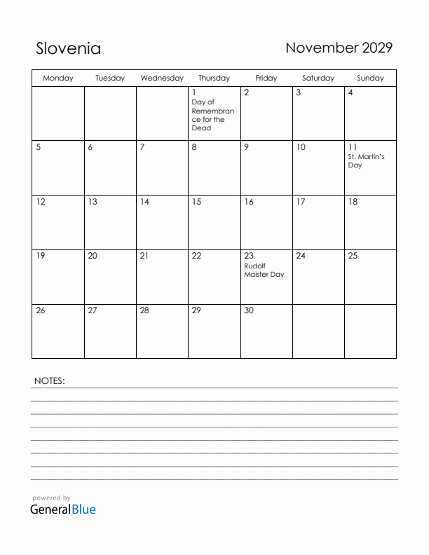 November 2029 Slovenia Calendar with Holidays (Monday Start)