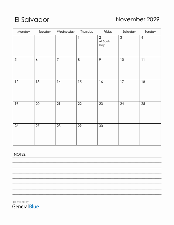 November 2029 El Salvador Calendar with Holidays (Monday Start)