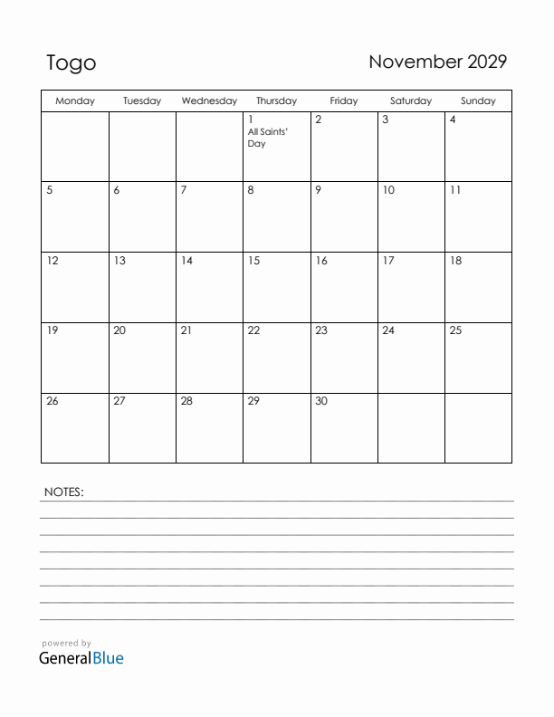 November 2029 Togo Calendar with Holidays (Monday Start)