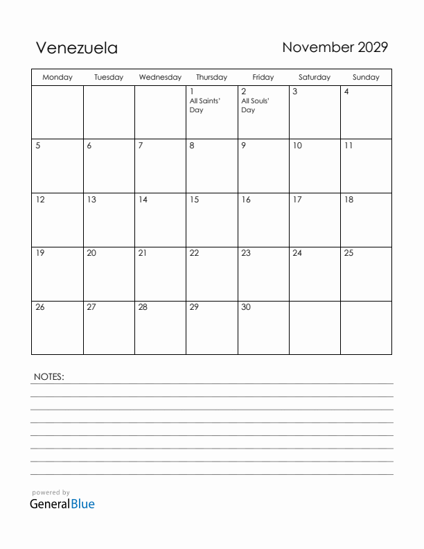 November 2029 Venezuela Calendar with Holidays (Monday Start)