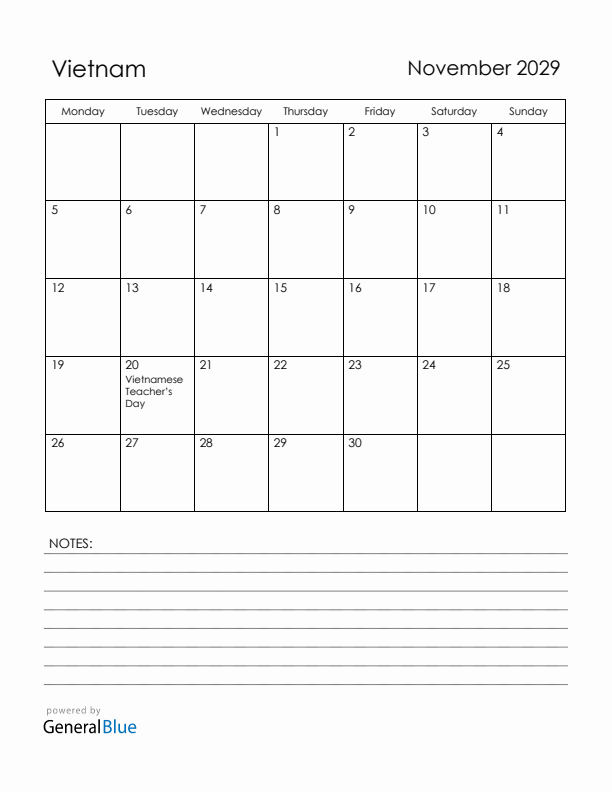 November 2029 Vietnam Calendar with Holidays (Monday Start)