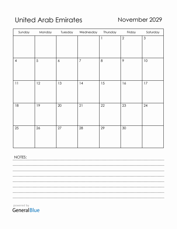 November 2029 United Arab Emirates Calendar with Holidays (Sunday Start)