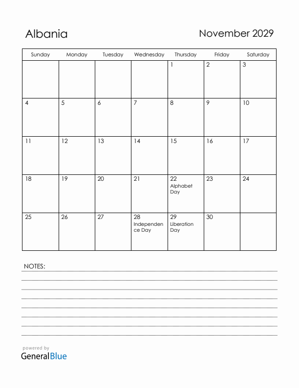 November 2029 Albania Calendar with Holidays (Sunday Start)