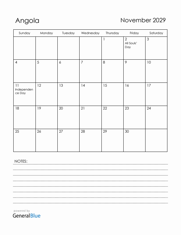 November 2029 Angola Calendar with Holidays (Sunday Start)