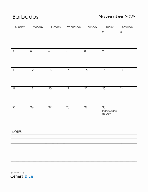 November 2029 Barbados Calendar with Holidays (Sunday Start)