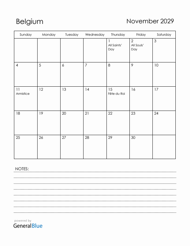 November 2029 Belgium Calendar with Holidays (Sunday Start)