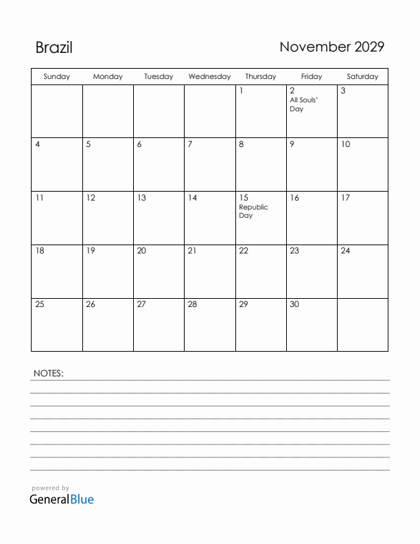November 2029 Brazil Calendar with Holidays (Sunday Start)