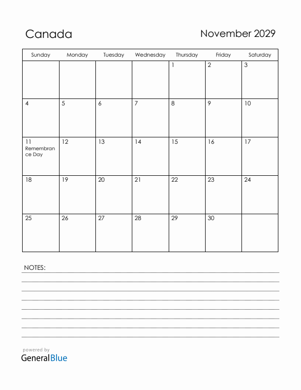 November 2029 Canada Calendar with Holidays (Sunday Start)