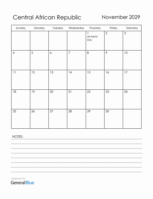November 2029 Central African Republic Calendar with Holidays (Sunday Start)