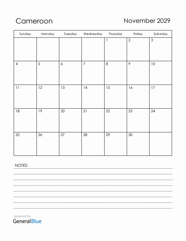 November 2029 Cameroon Calendar with Holidays (Sunday Start)