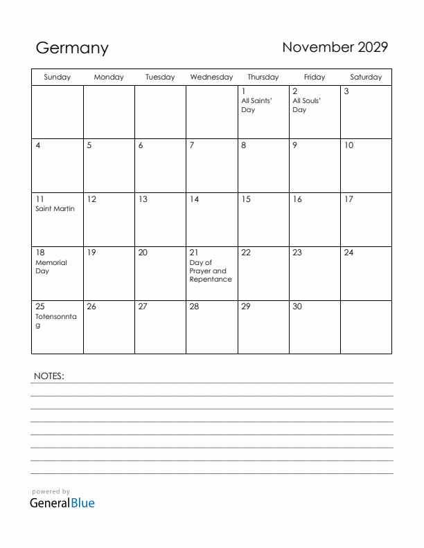 November 2029 Germany Calendar with Holidays (Sunday Start)