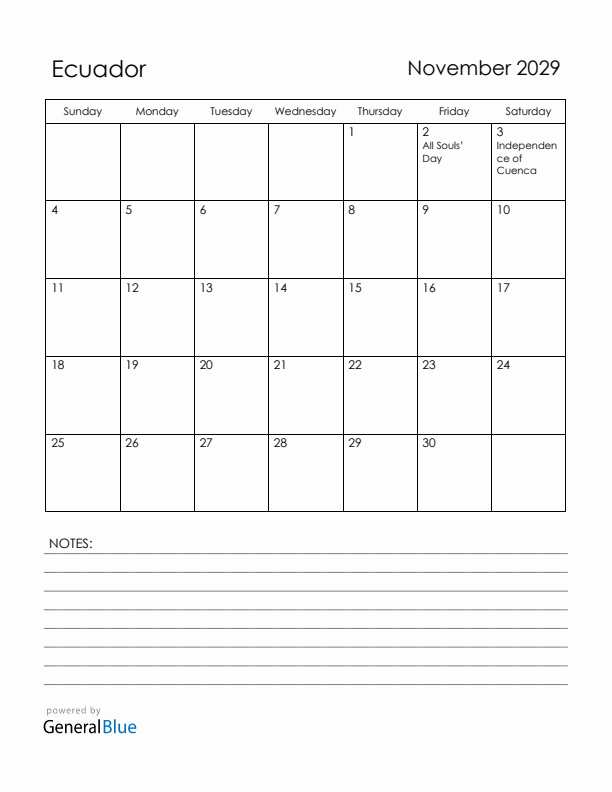 November 2029 Ecuador Calendar with Holidays (Sunday Start)