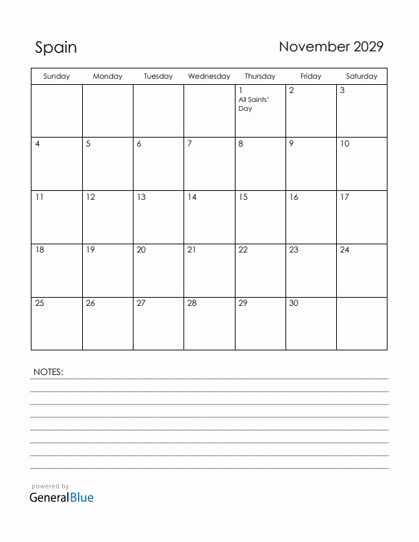 November 2029 Spain Calendar with Holidays (Sunday Start)