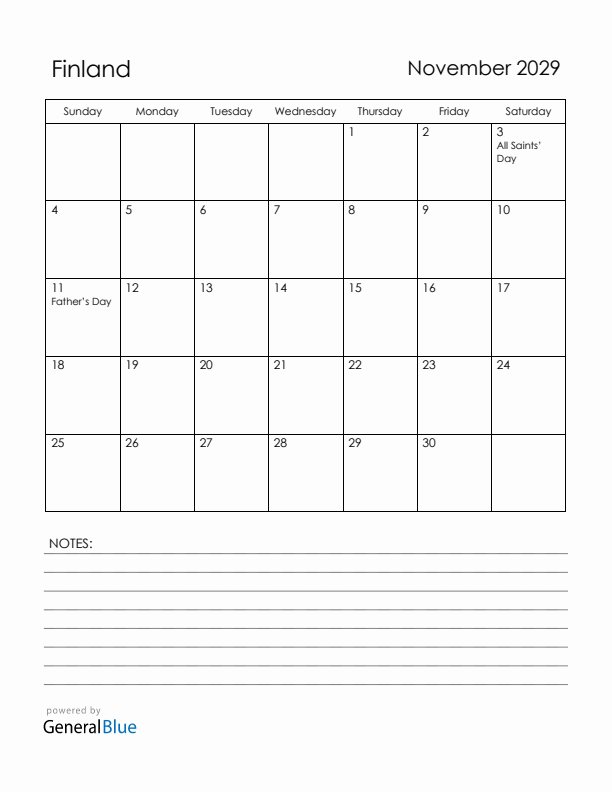 November 2029 Finland Calendar with Holidays (Sunday Start)